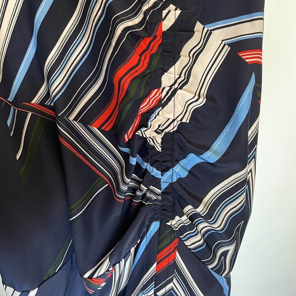 Parker | 100% Silk Halter Neck Handkerchief Hem Graphic Stripe Print Midi Dress - Picture 6 of 11